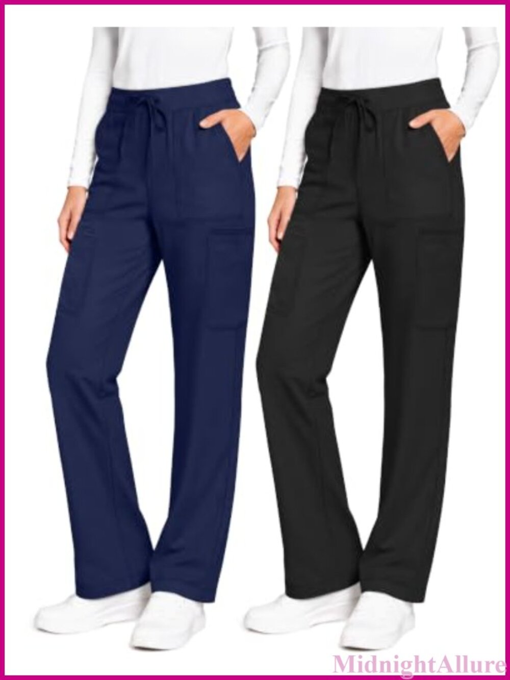 2 Pack Women's Scrub Pants Cargo 8 Pockets Straight Leg Drawstring
